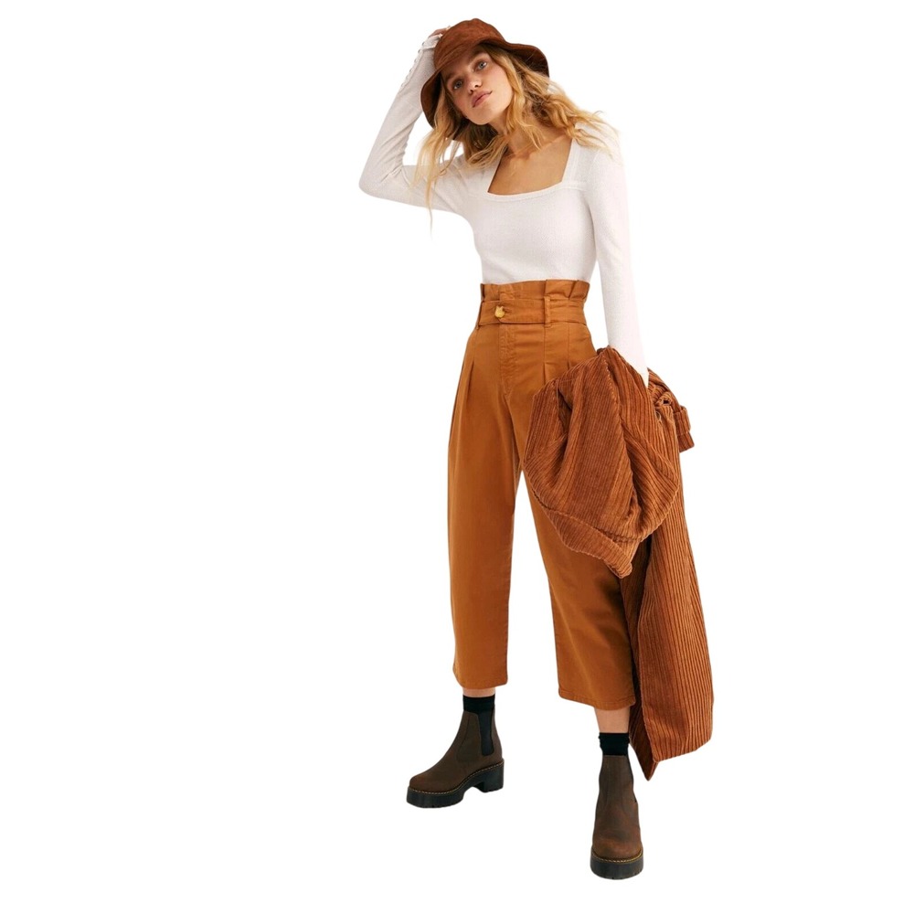Free People Flow Away Pants Women Medium Brown High Rise Pleated Boho Chic